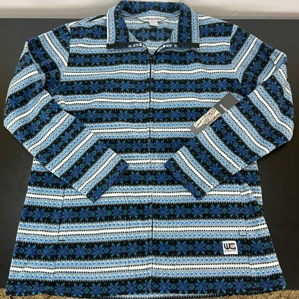 Women’s Gear Blue Fleece Snowflake Stripe Print Full Zip Light Jacket L‎ Pockets